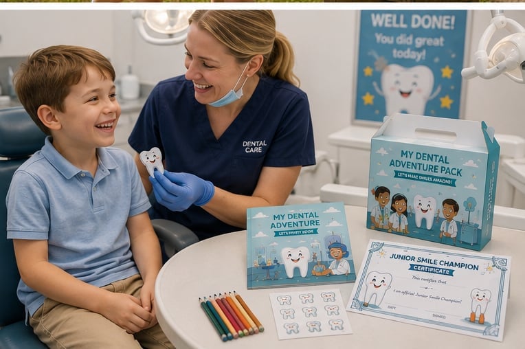 A dentist showing a young boy a dental model during a kind, reassuring checkup, with activity materials laid out on the desk