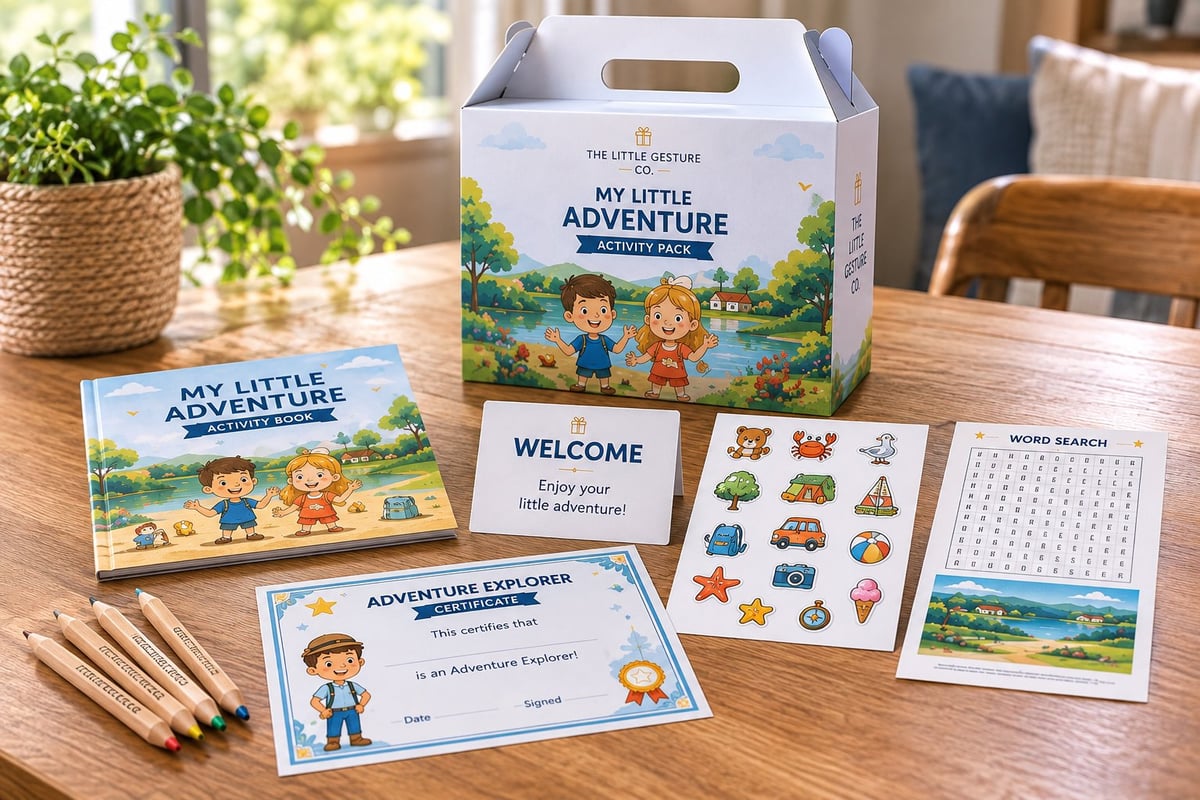 The My Little Adventure activity pack displayed on a wooden table, with the handled carry box, activity book, welcome card, sticker sheet, Adventure Explorer certificate, colouring pencils and word search page