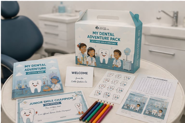 The My Dental Adventure pack in a dental office, with activity book, colouring, smile worksheets, sticker sheet and welcome card