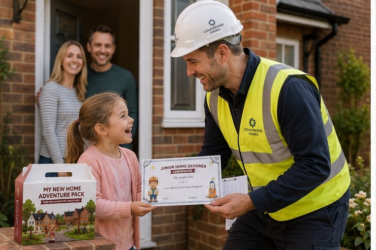 A construction professional presenting a Junior Home Designer certificate to a delighted young girl at the door of a new brick home, with her parents close by