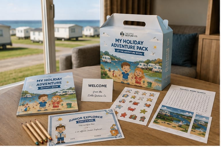 The My Holiday Adventure pack displayed on a table beside a coastal resort view, with welcome card, explorer certificate, sticker sheet and activity pages